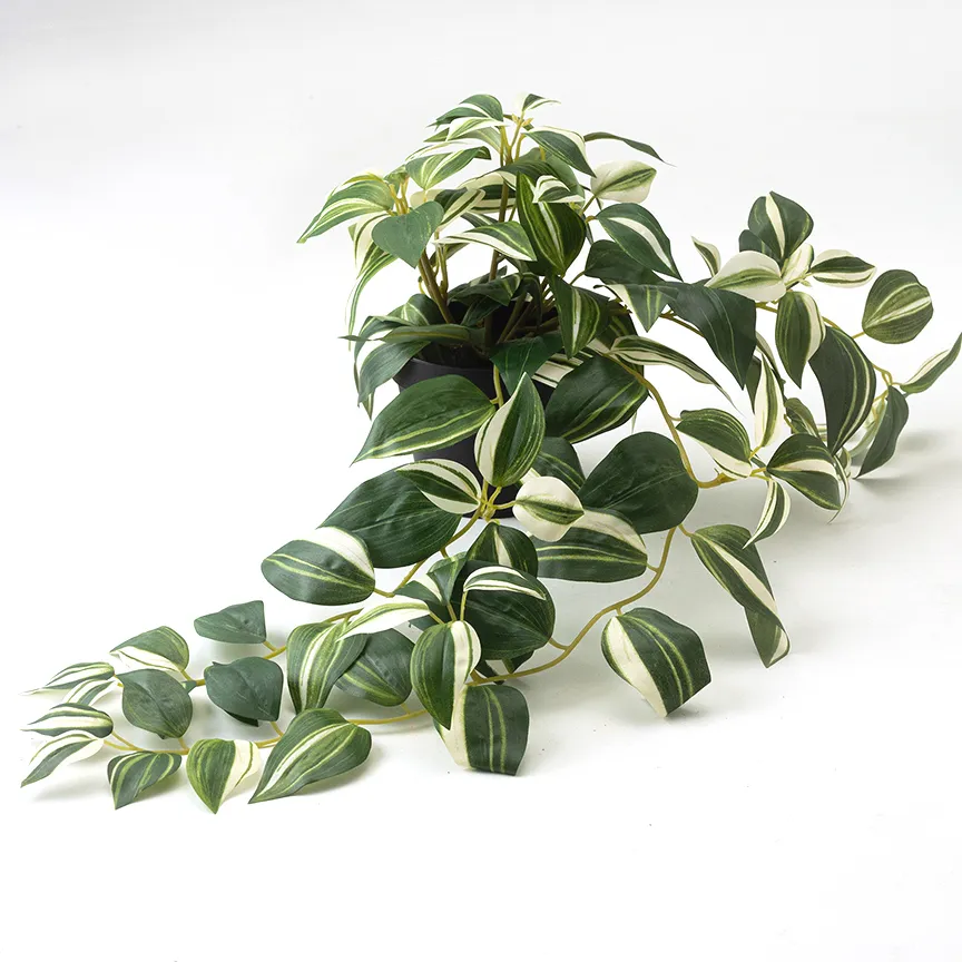 Artificial Green and White Wandering Variegated Tradescantia Ivy Houseplant in Black Pot