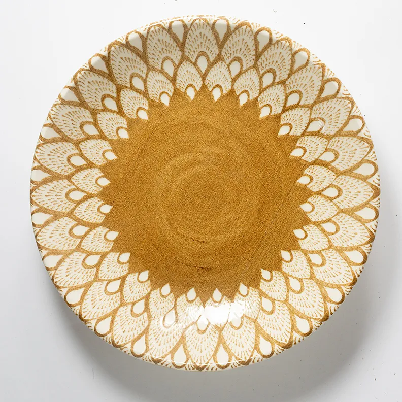 Brown Vegetable Serving Dish with feathered graphic design around the edge  - 1.75" x 9.5"