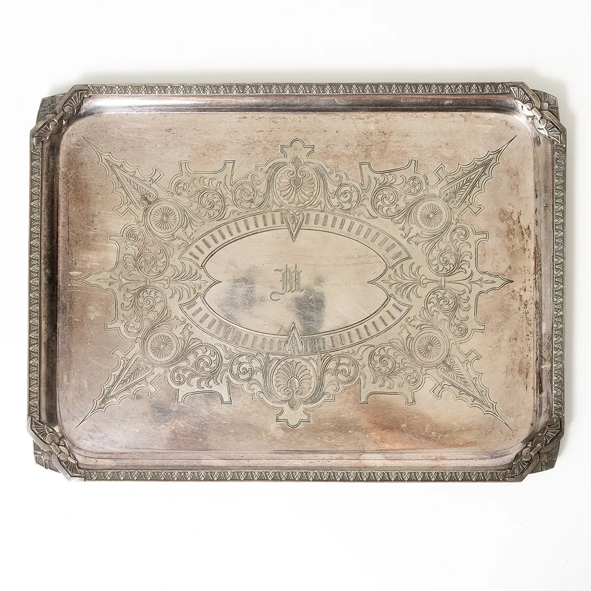 Vintage rectangular Silver plated tray with M on it. 