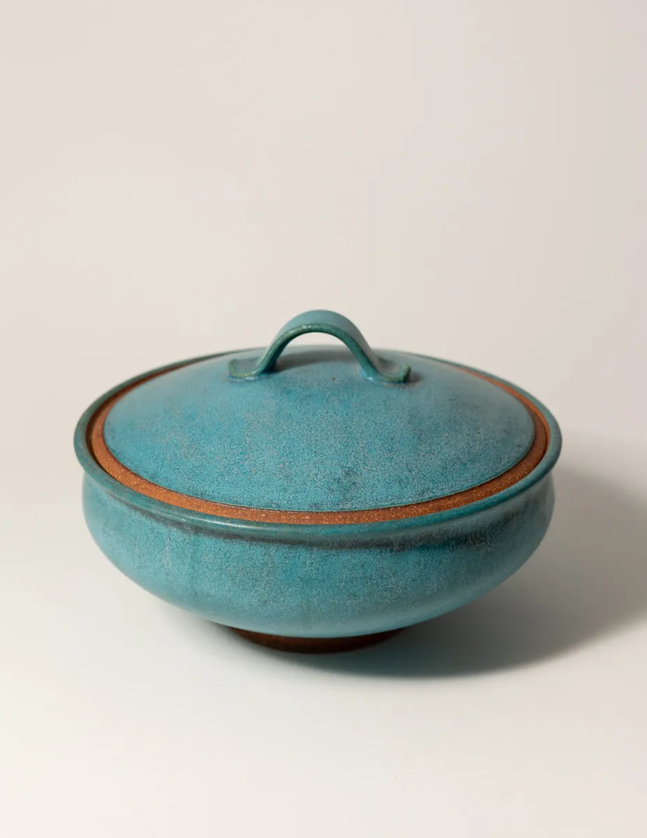 Handmade Turquoise Pottery Large Bowl with a lid and live edge around the bowl and the lid. Cultural Mexico
