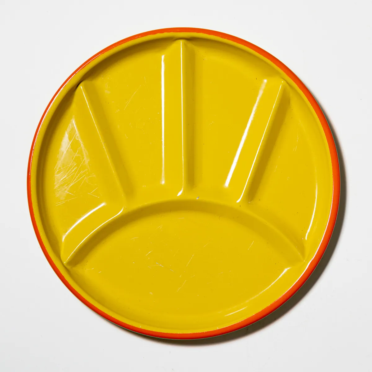 Vintage Yellow with Orange Trim Metal Enameled Divided Fondue Plates