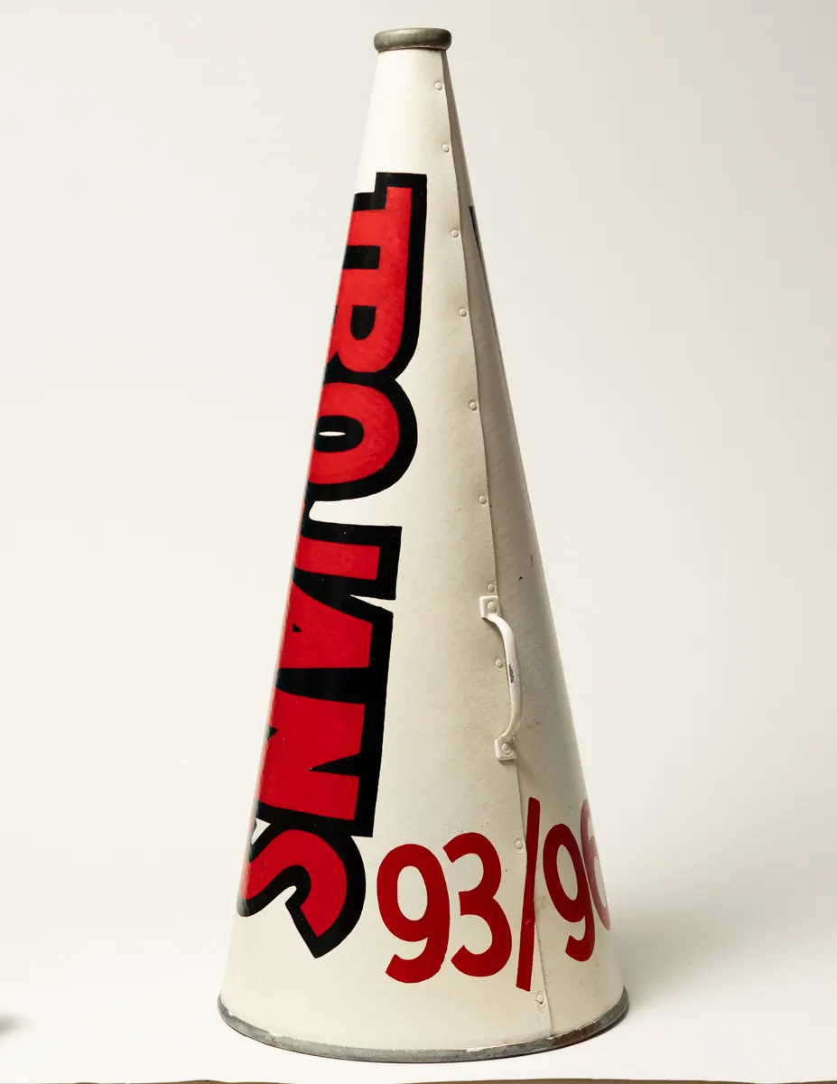 High School cheerleader Megaphone White with Red Letter Trinity Trojans