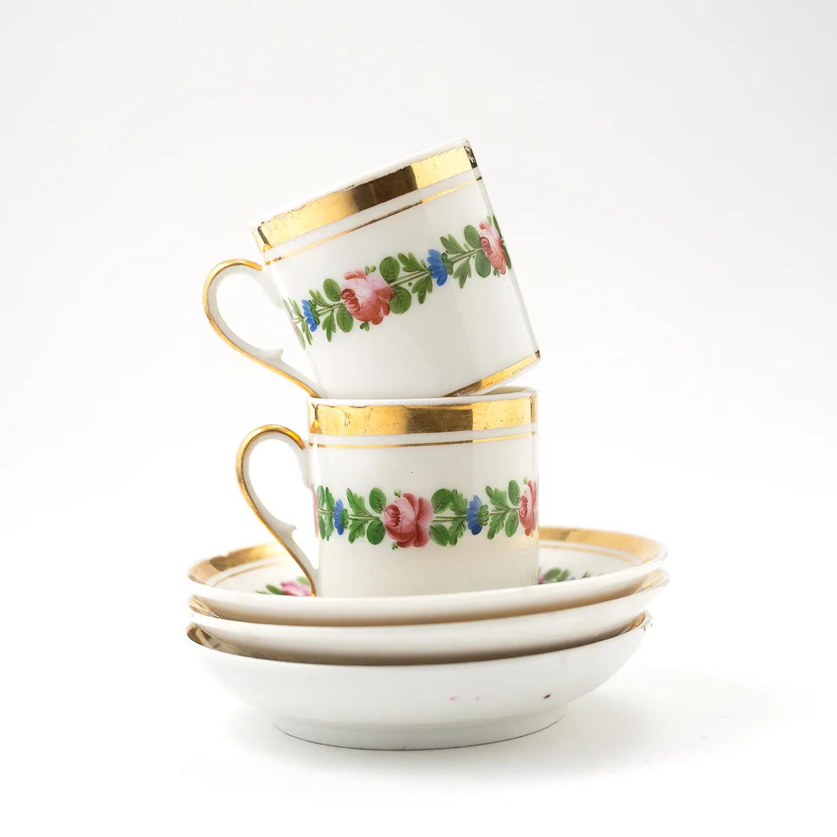 Antique French Demitasse 2 Teacups 2.5" x 2.5"  and 3 Saucers 5.25"  White with Pink Peonies and blue flowers with greenery, Gold Rim - 2.5" x 2.5" cups 5.25" saucer