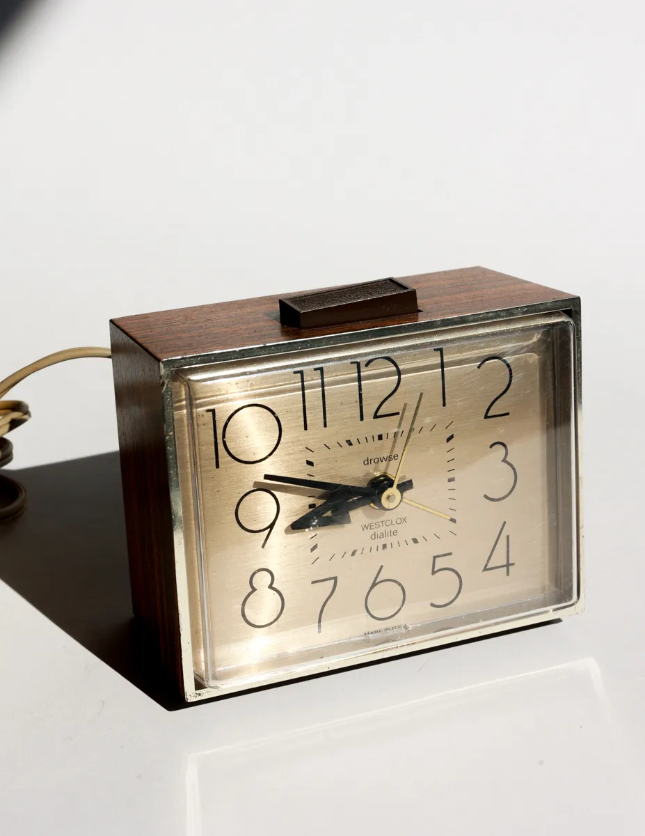 Vintage 1960s Alarm Clock Wood Grain Housing and Light Gold Face