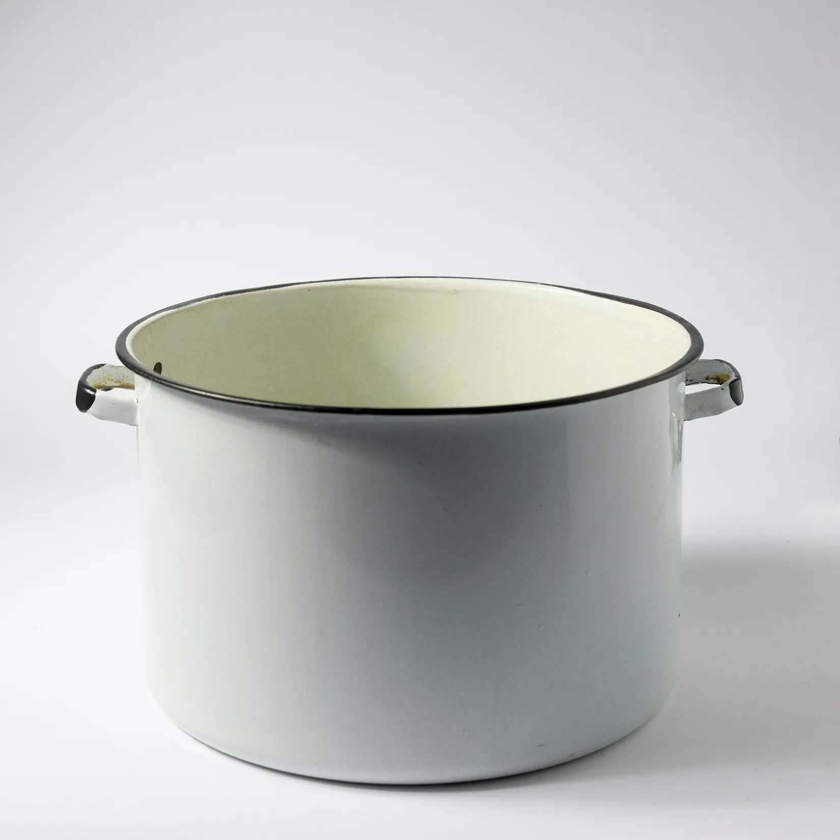 White Enamel Stock Pot with Black Rim and Handles no lid - 7.25" x 11.75"