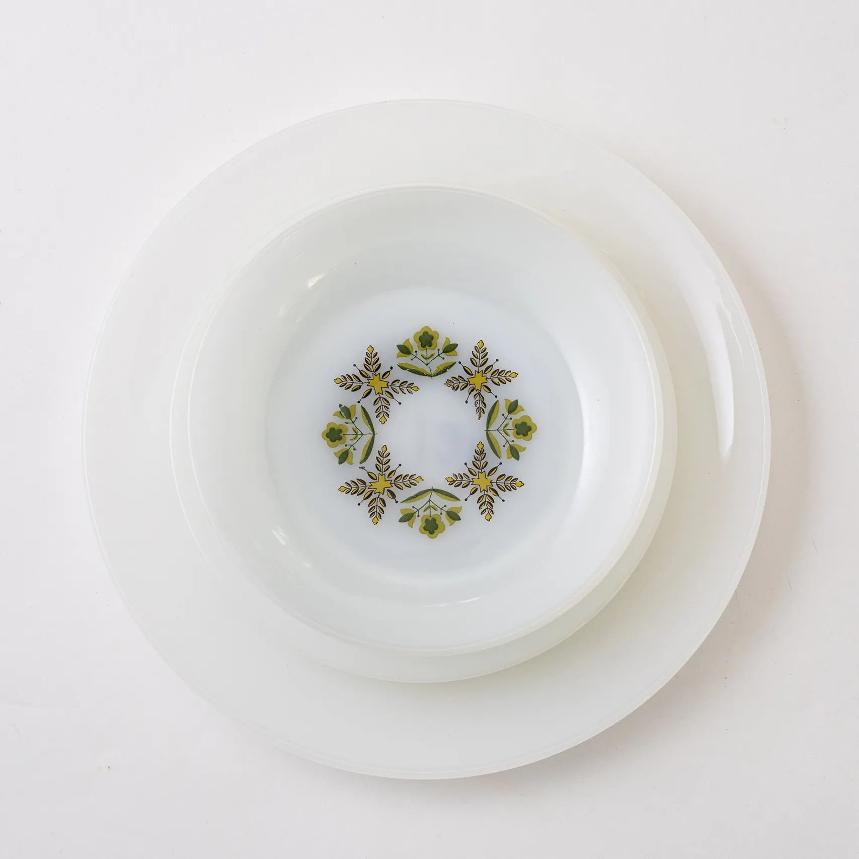 Set x 2 Milk Glass with Green Flowers Dinner and Salad Plates, and Bowls