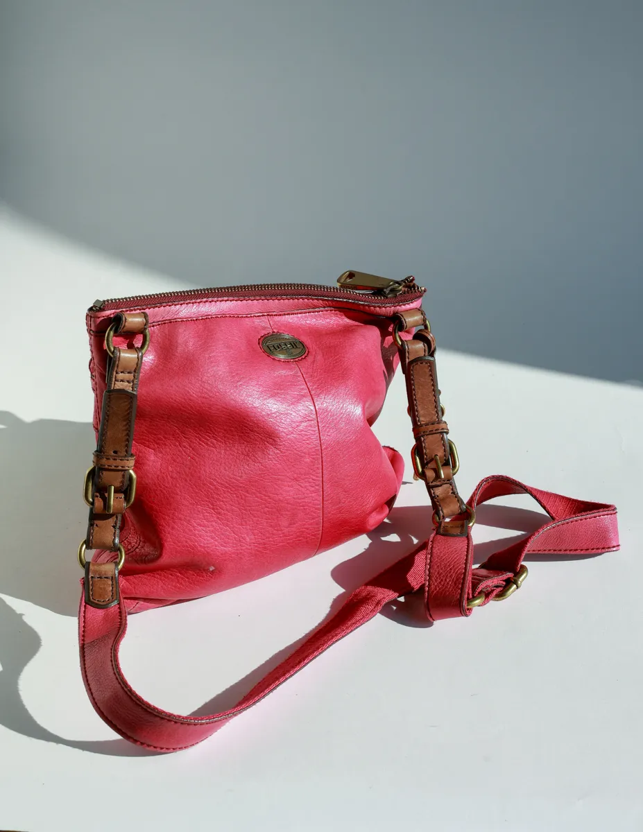 Fossil Pink Leather Crossbody Shoulder Bag Multiple Pockets Zipper Brown Trim, Purse, Hand Bag