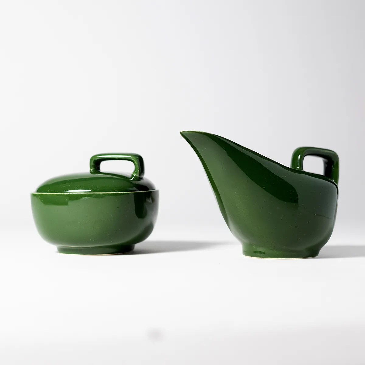 Dark Green Glossy Finish Gravy Boat Cream with Square Handle matching Sugar Bowl with Lid and square handle