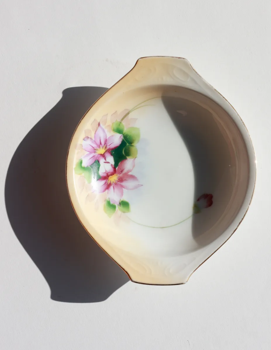Delicate 1950s Vintage Bowl with Two Handles and Hand Painted Flower Detail