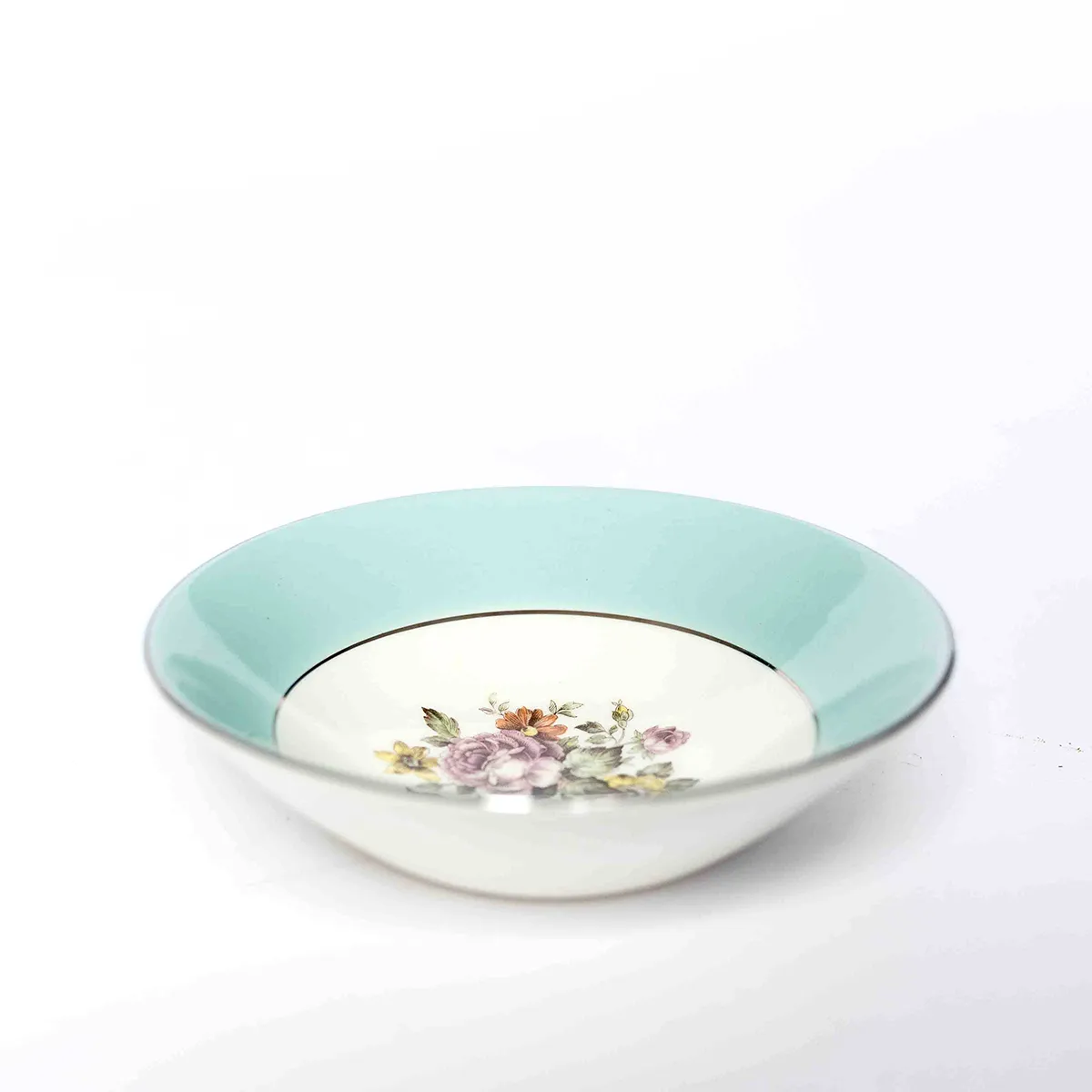 Fine China: Dessert Bowl - Sketched Pink, Yellow and Green Flower Pattern in the middle on off White with a wide Tiffany Blue Robins Eggs Blue Band around the outside - 8.25"