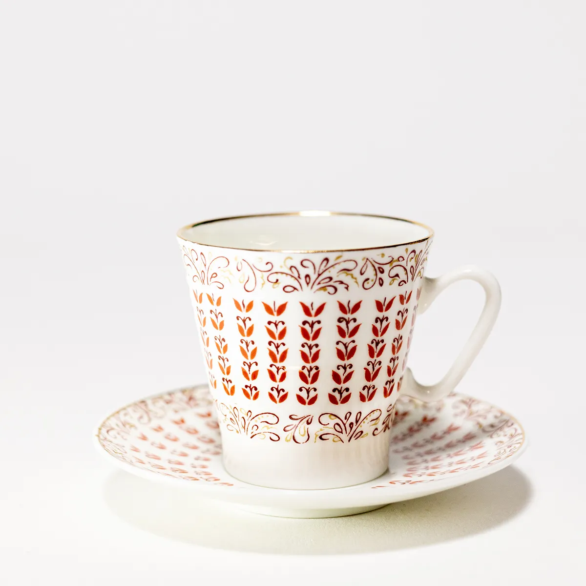 VINTAGE RUSSIAN USSR DEMITASSE CUP SAUCER SET Red and Gold Flower repeating pattern LOMONOSOV PORCELAIN GOLD RIM