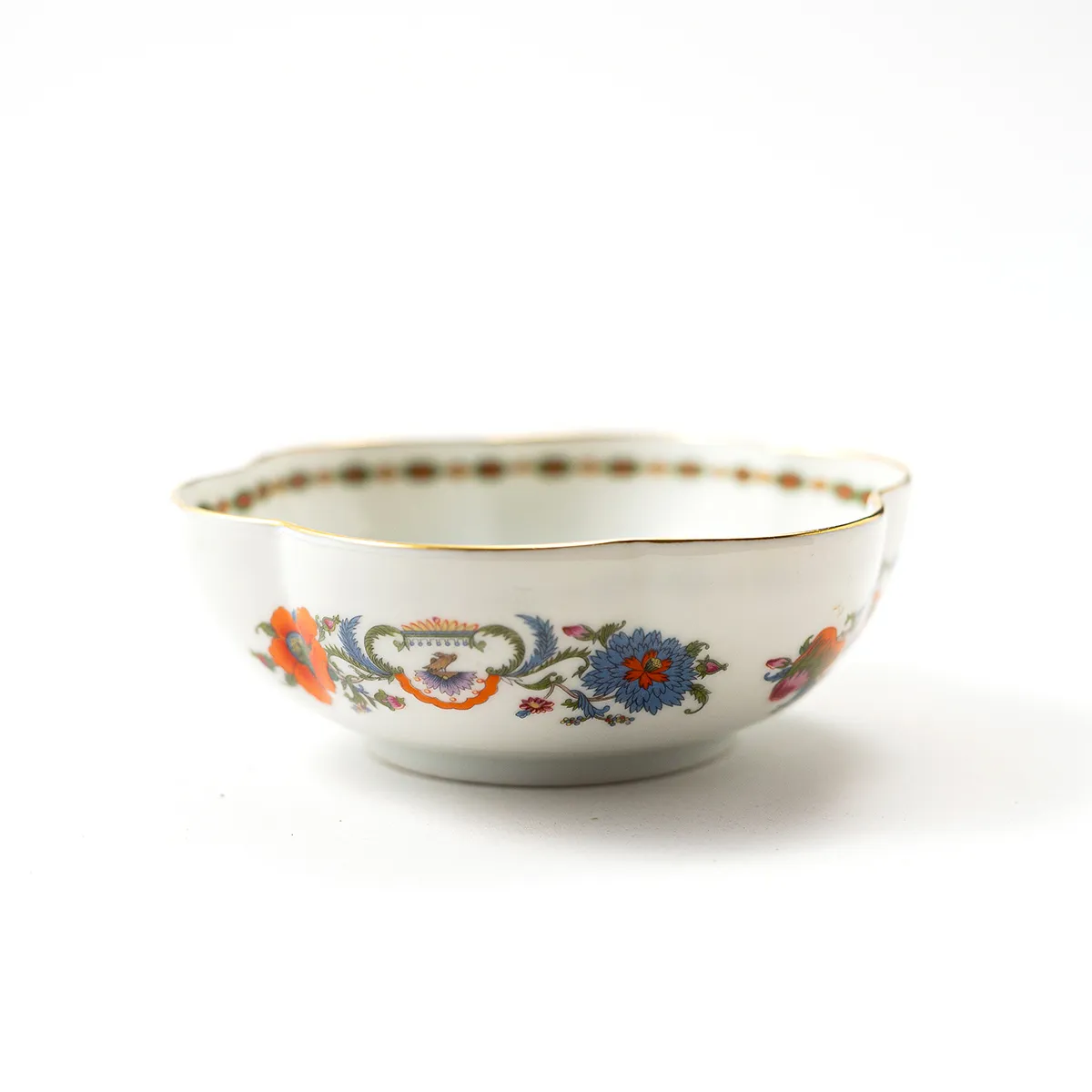 Vintage white with orange blue flowersscalloped Edge Vieux China Pattern Melon Bowl - 6.5" x 2"