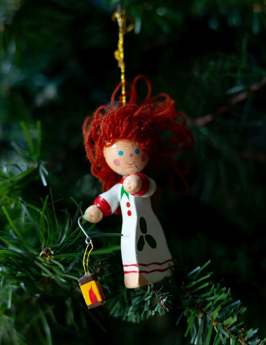 Christmas Tree Ornament: Vintage Wooden Crazy Wild Haired Redhead carrying a lantern
