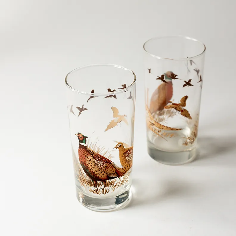 Masculine Drinking Glasses with Pheasant and hunting scenes printed on them - 5.5" x 2.75"