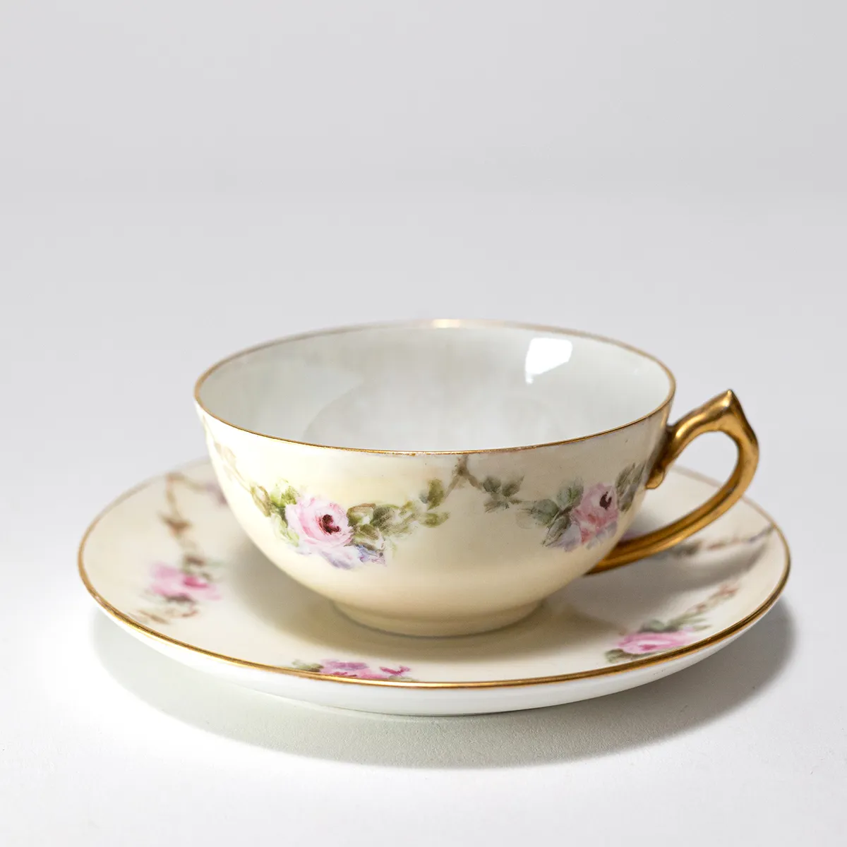 Hand Painted Vintage Hand Painted Bavaria Pink Roses Flower Tea Cup and Saucer Bone China