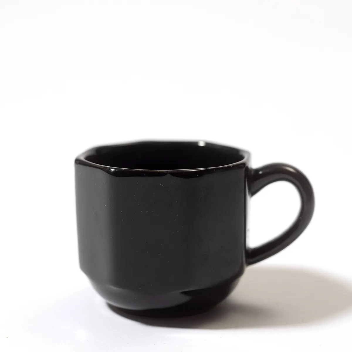 Octagon shaped black glazed coffee cup - 2.5" x 2.75"