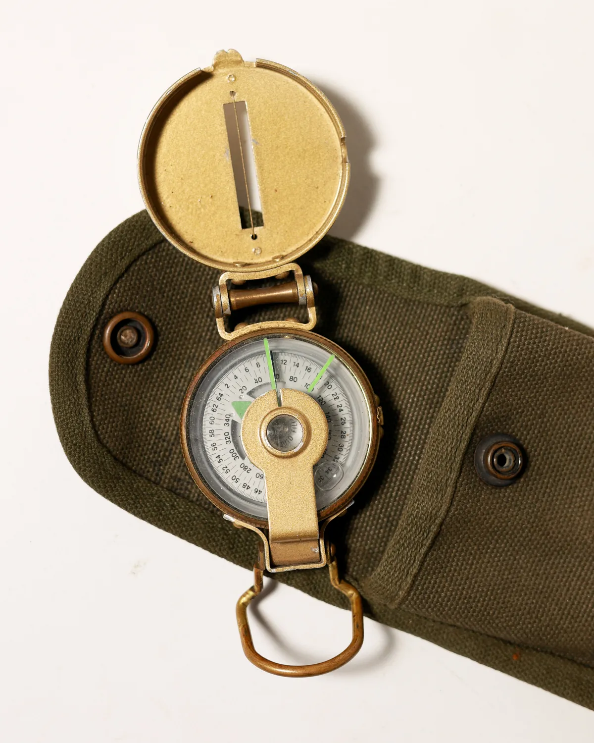 Vintage Military Lensatic Compass Brass Olive Pouch