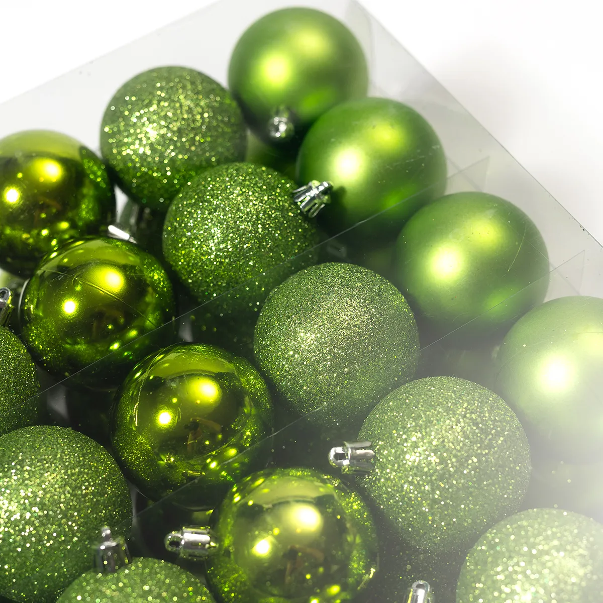 Variations on green  25 plastic bulbs Shiny, Glitter, matte shine Christmas Tree ornament