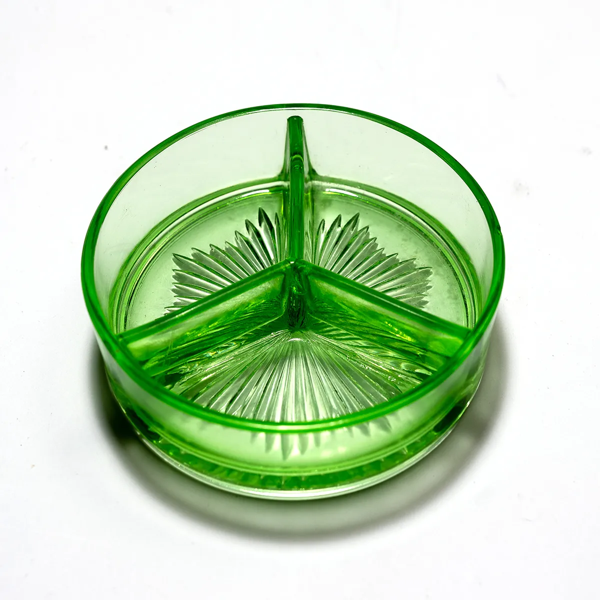 Vintage Divided Green Glass relish dish, nut dish, candy dish - 