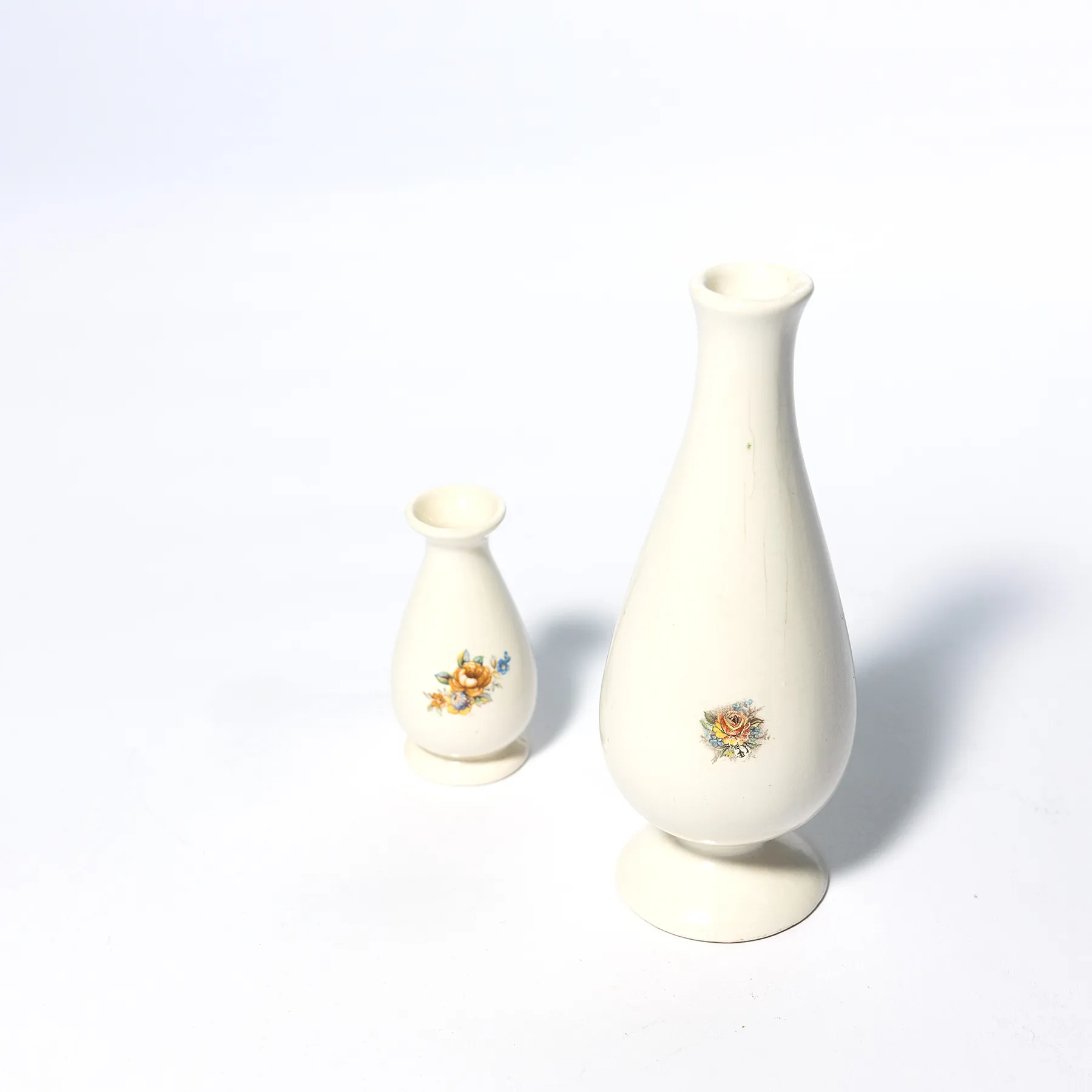White, Cream Hourglass Bud Vase 1 large and 1 Small with Rose Print on the Exterior Flower Bud - 5.25" x 2.25" 2.5" x1.5"