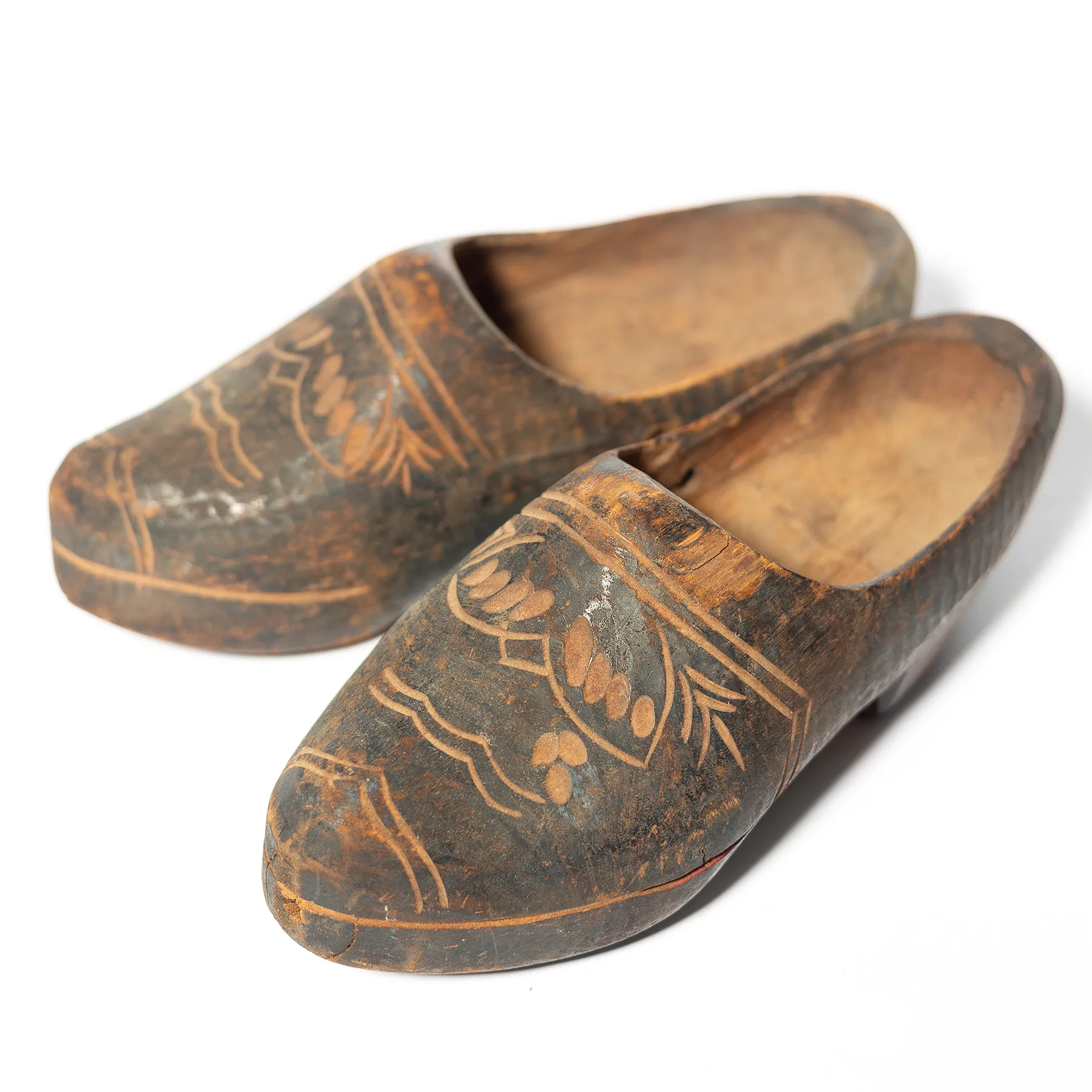 Hand Carved Antique Wooden Children's Shoes Clogs Belgium - 8" x 3"