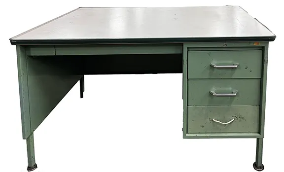 Olive Green Metal Tanker Desk with Three 3 Drawers and White Formica Top