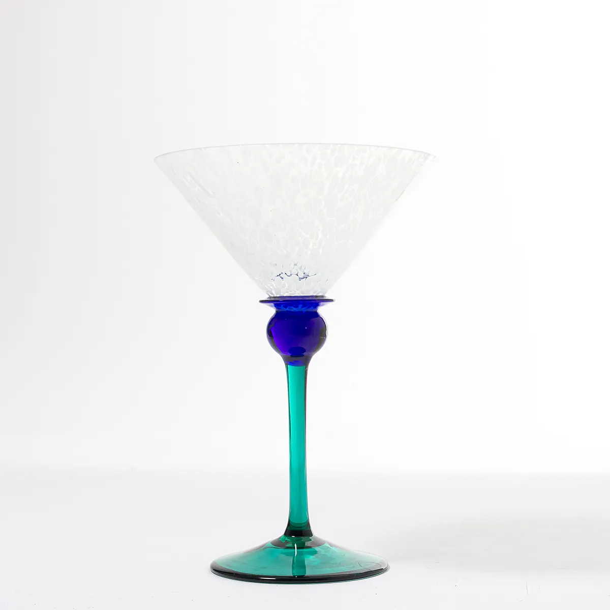 Chech Republic Hand Blown Martini White Splatter Glass with Blue Ball and Green Stem - 7.5" x 5.25"