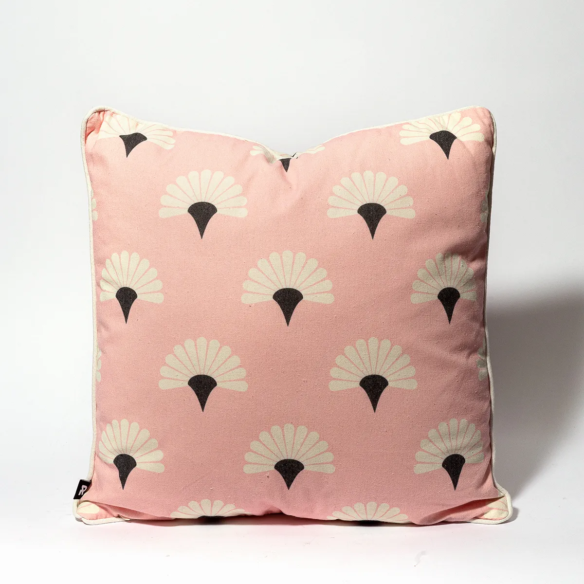 Pink Pillow with repeating off white and black fan shapes - 16"