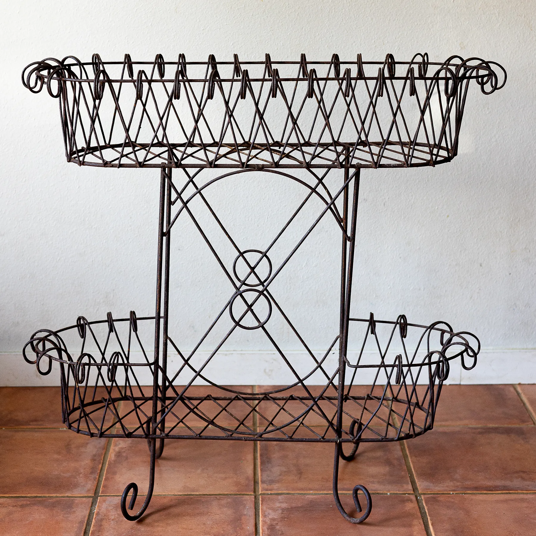 Rustic Garden 2 tiered Wrought Iron Oval Plant Stand Decorative Container - 38" x 14.5" 36" tall