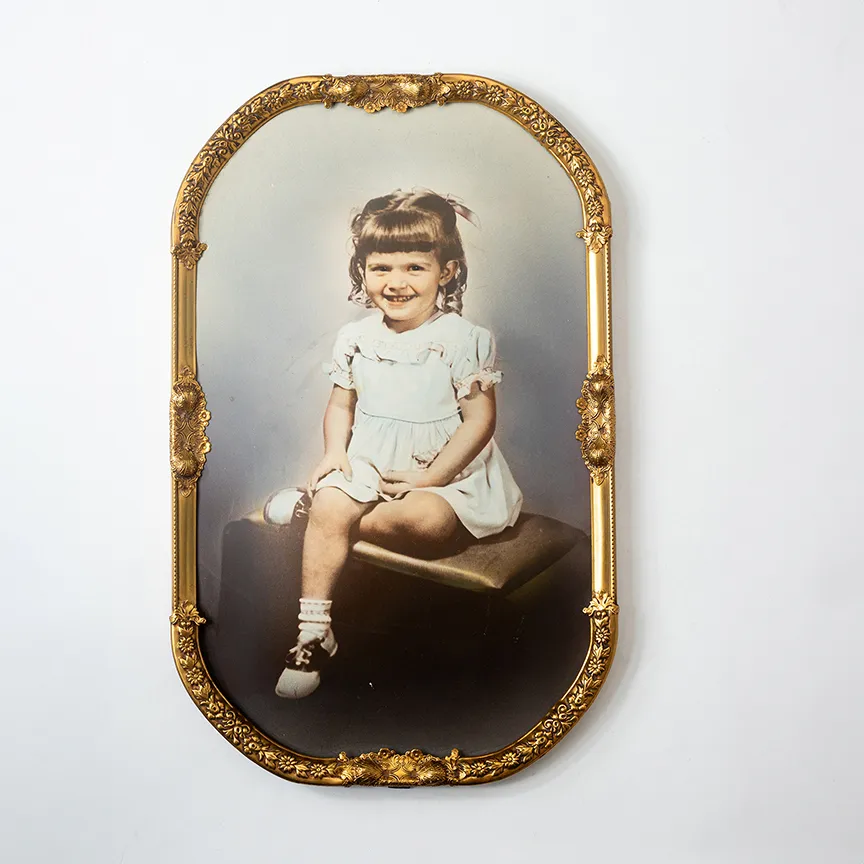 Antique Hand Colored Photograph of Girl in Curved Glass Gold Frame