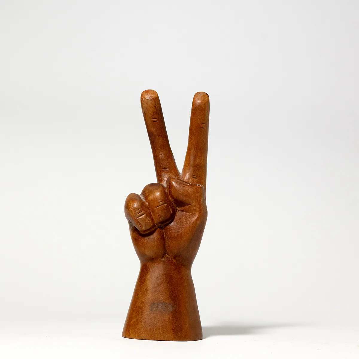 MCM Mid-Century Modern Teak Sculpture of hands forming a peace sign