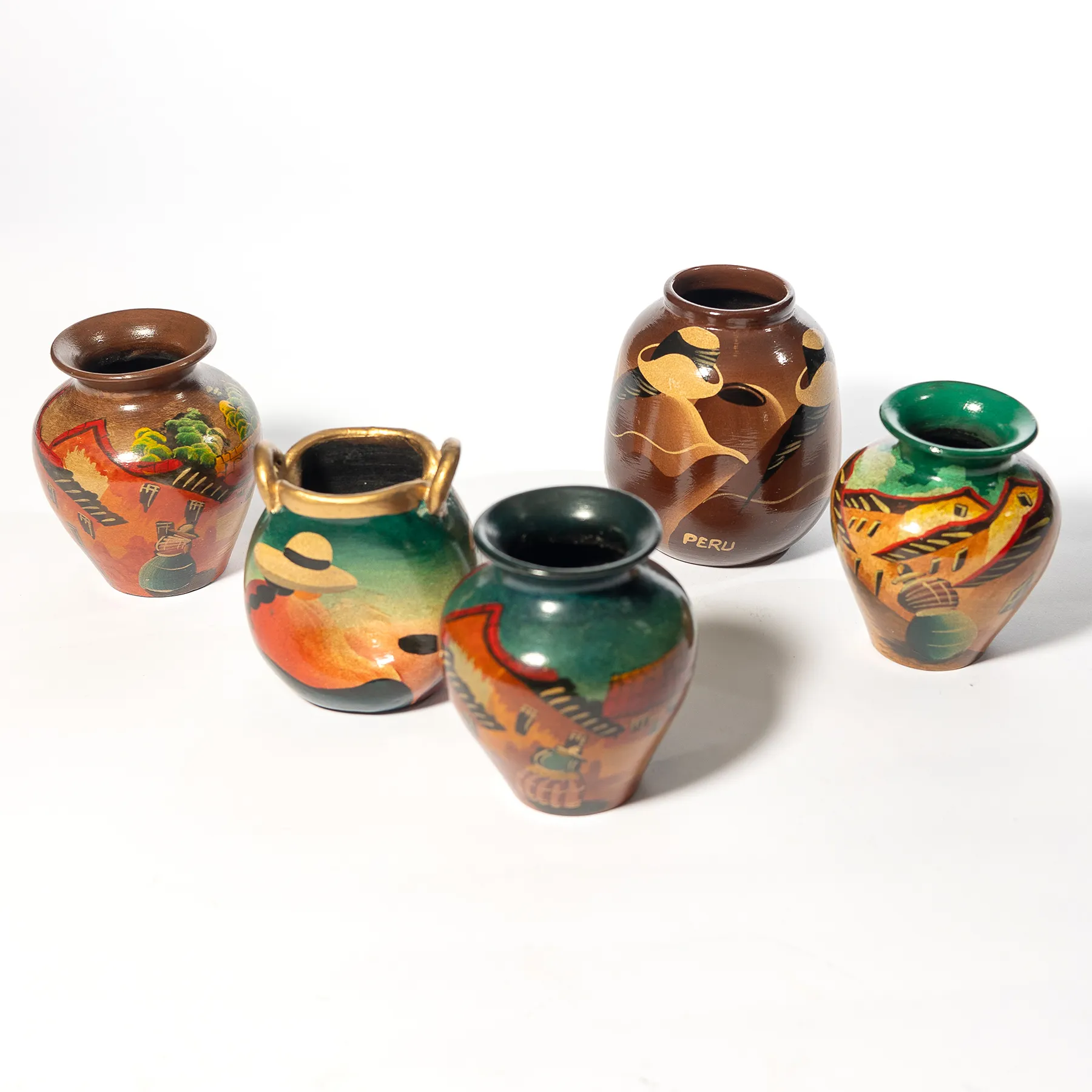 Peruvian Contemporary Hand Painted Vase Thrown Ceramic Pottery Small Flattened in the Middle Little Dimple - 