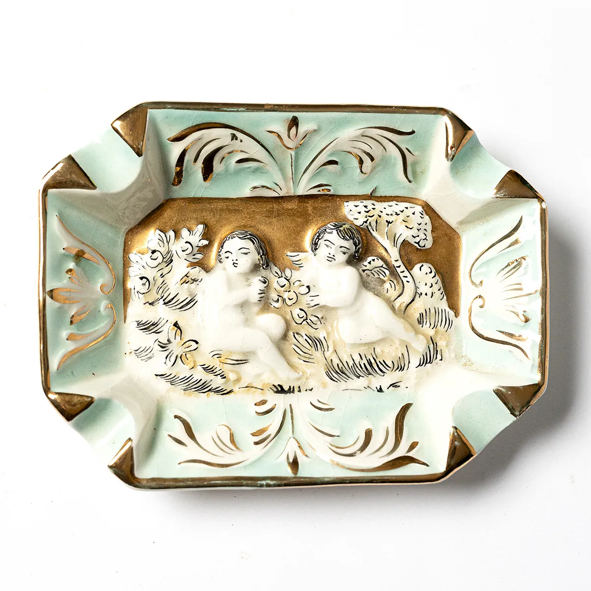 1950s Ornate Blue and Gold Ashtray with cherubs made in Italy