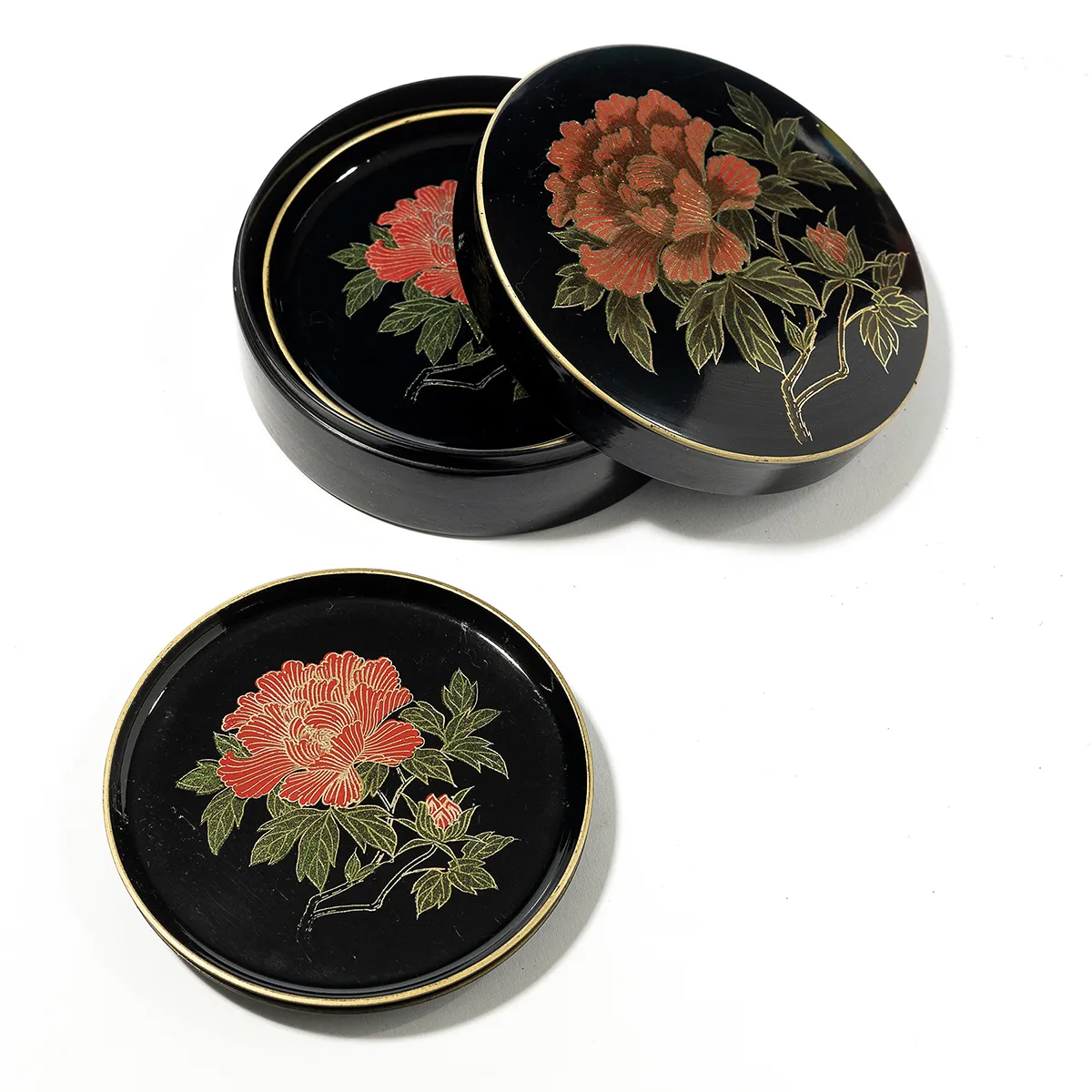 Floral Lid Black Hard Plastic Coaster Box Asian Influence, Vintage - 4.75" x 1.75: