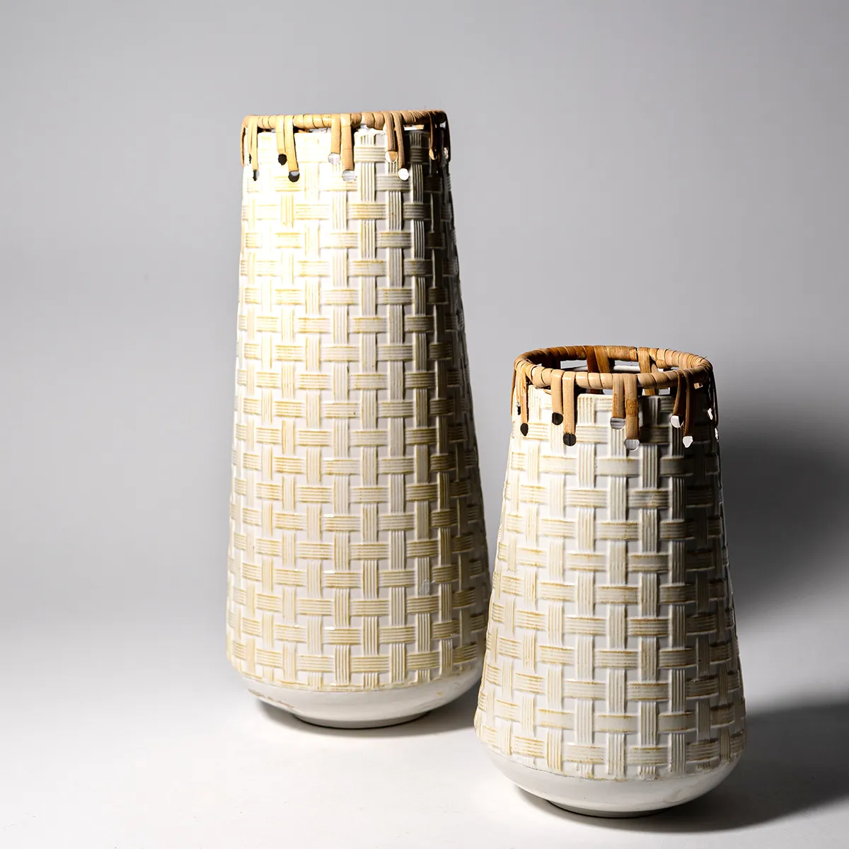 Small White Metal Vase with a ambossed featured like Basket Weave