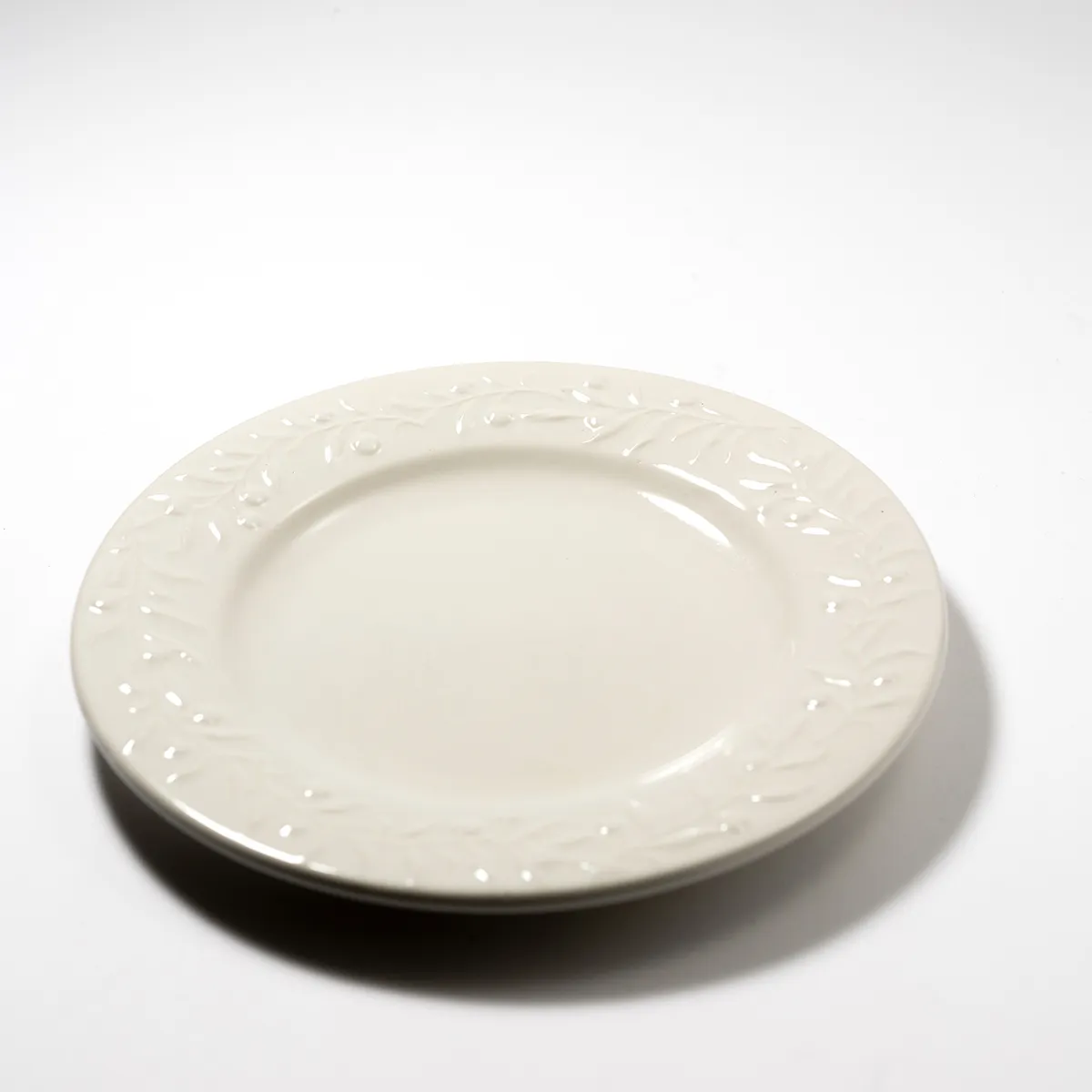 single Italian like, Tuscan design, Large dinner plate, cream, with olive vine imprinted detail - 