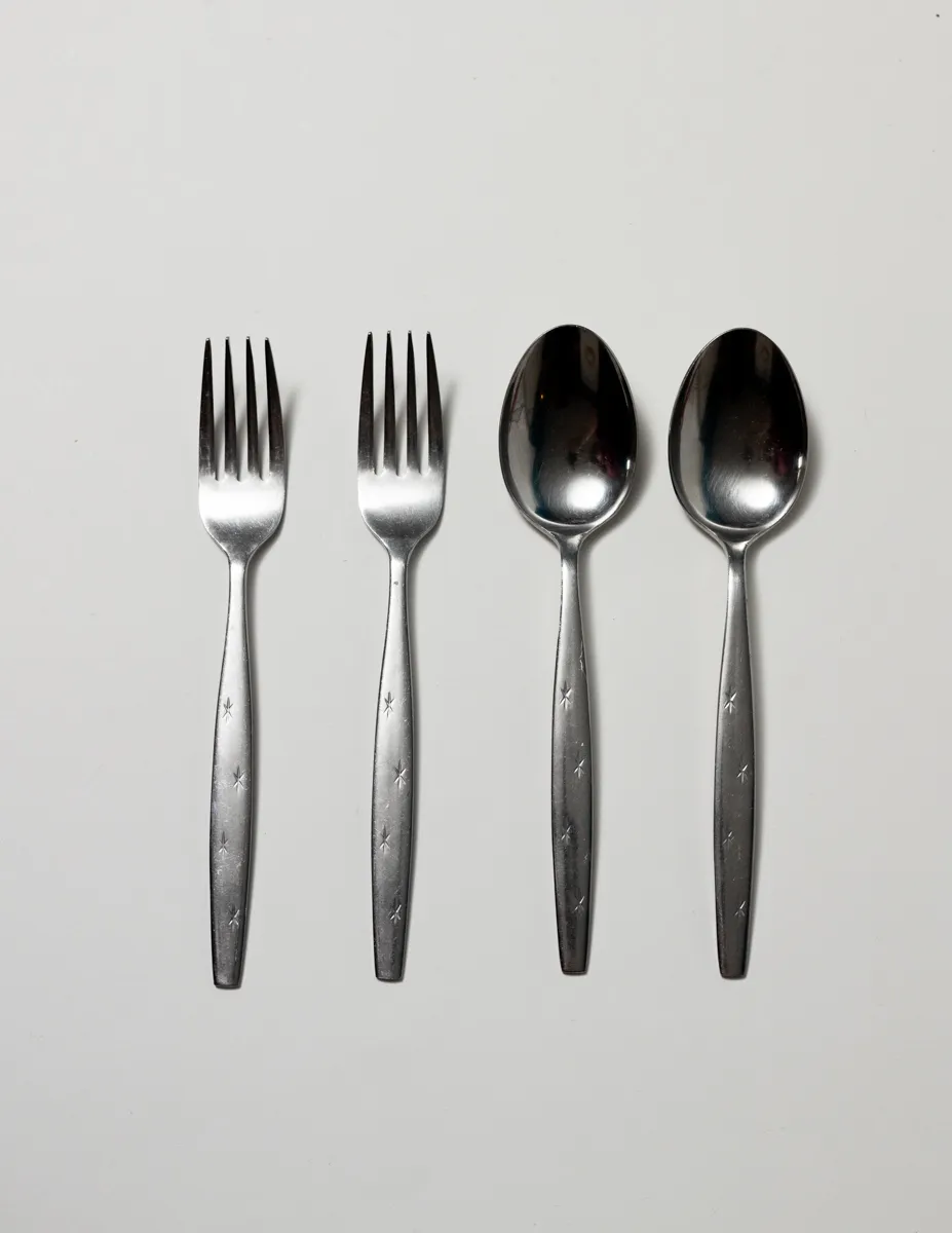 Flatware: Fork and Teaspoon, Silver with Pressed Stars in the Handles, 2 Sets