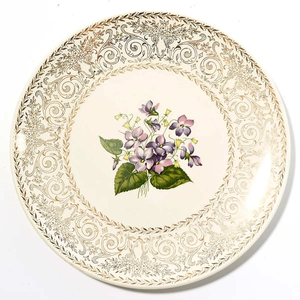 Large Porcelain Dinner Plate with Gold Detail Rim hand Painted Violets Violet and Cream in the Center - 10.25"