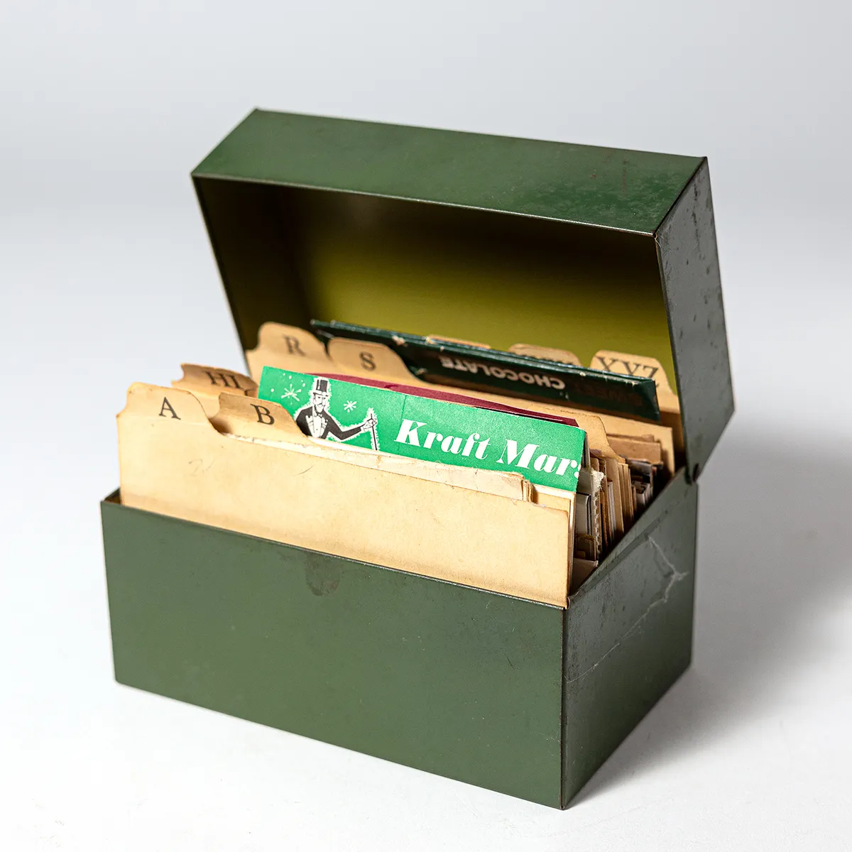 Vintage Green Tin Recipe Box Handwritten and Printed Recipes