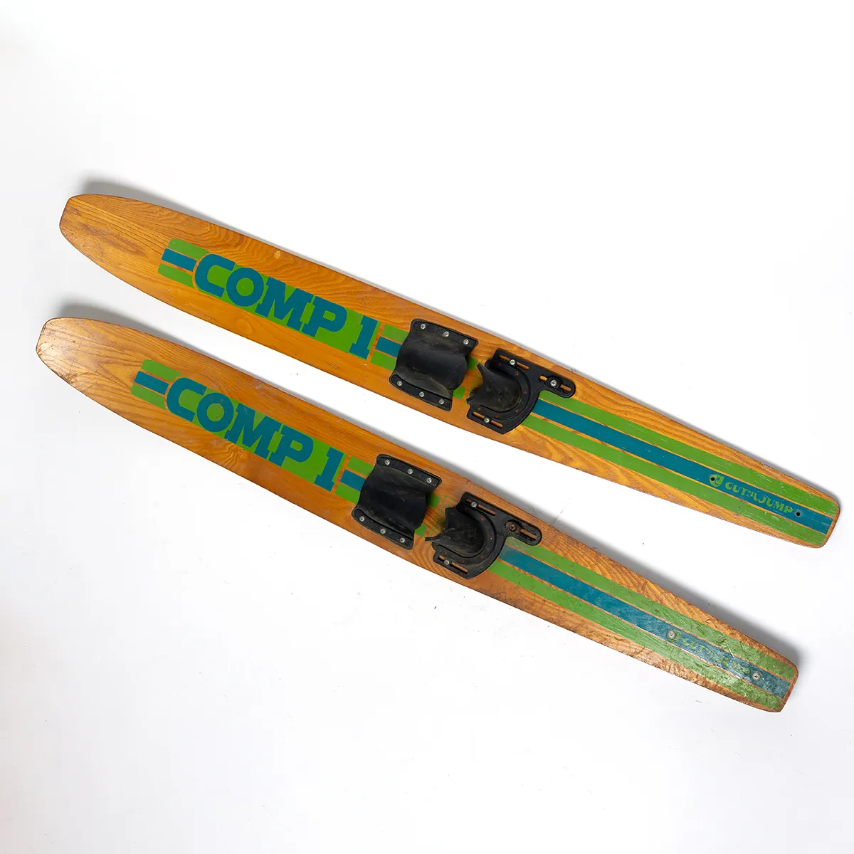 Pair of Chrildren's 1970 water skis - Vintage 1970s Cut 'n Jump Wood Water Skis Combo Pair Combi 60" Length