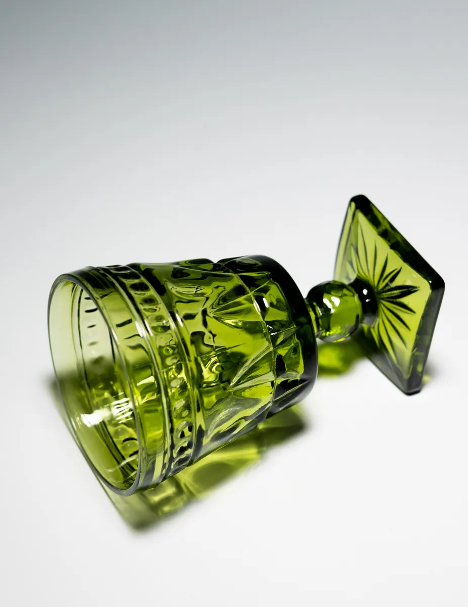 Dark Green Pressed Glass Wine Glass with Square Stem Base
