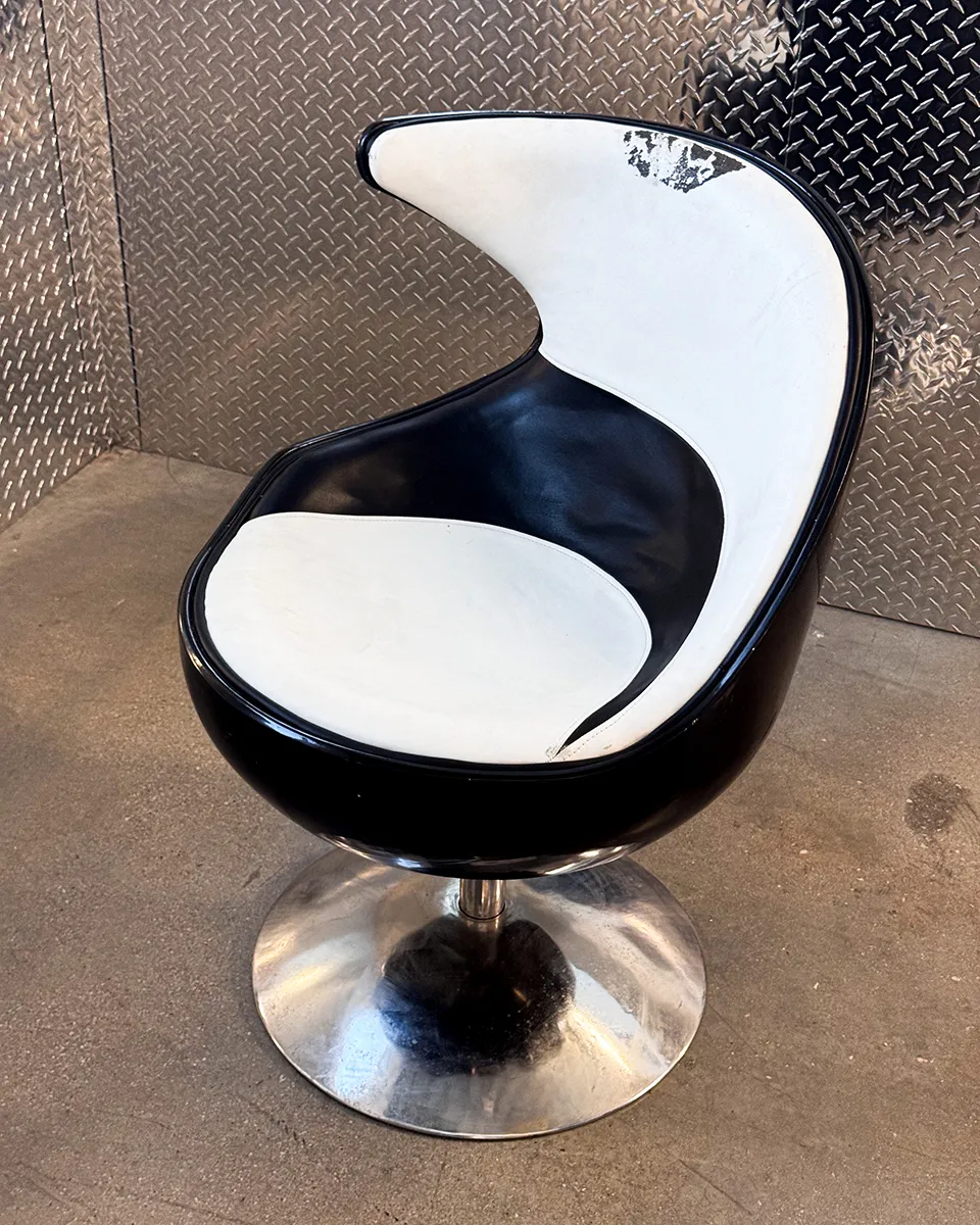 Black and White Atomic Swivel Pod Chair, Black Resin Back with Chrome Base.