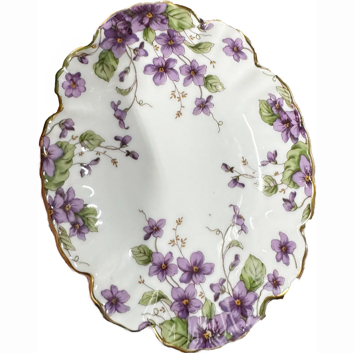 vintage VIOLET flower print Scallop Plate Trinket Dish Tray Bowl Purple flowers Gold 
