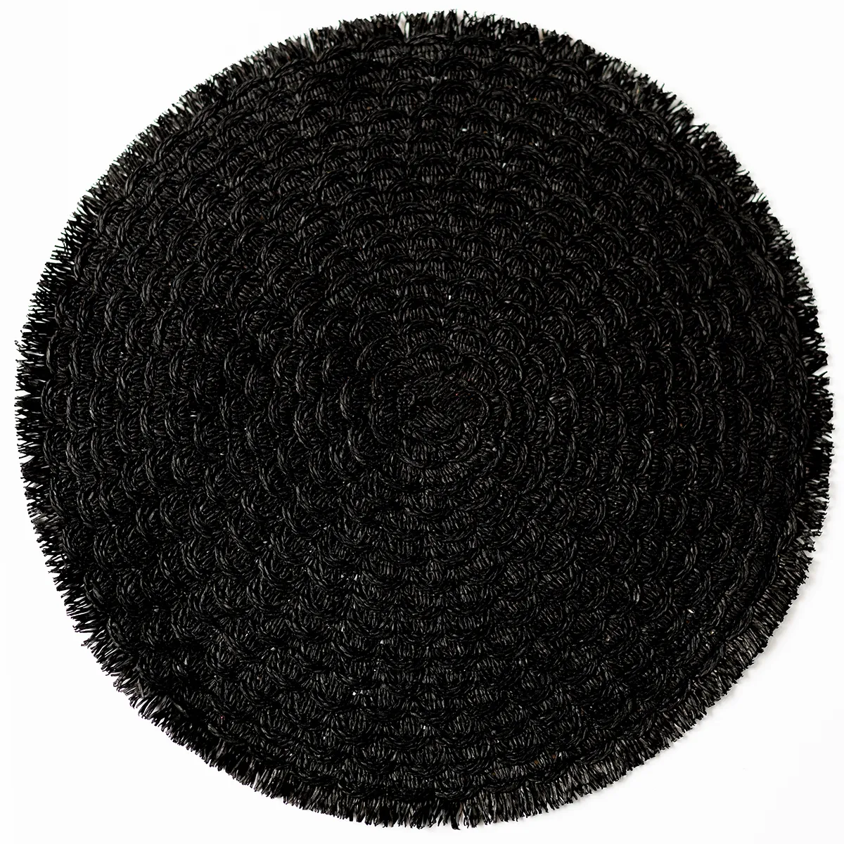 round black wicker woven  placemat with rough unfinished edge. 3