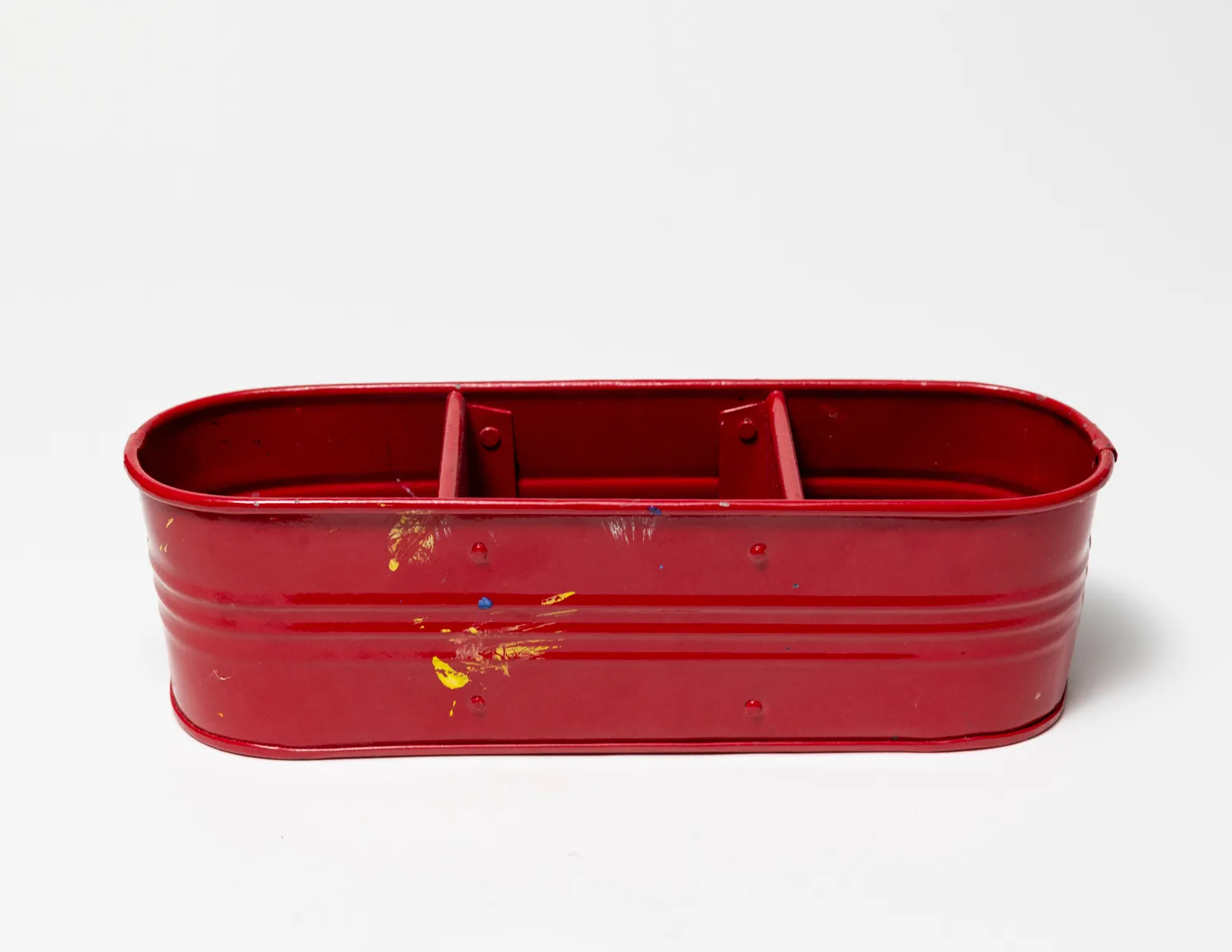 Red Metal Pencil Holder, Patina, Yellow Paint Residue. Teacher, Art Teacher