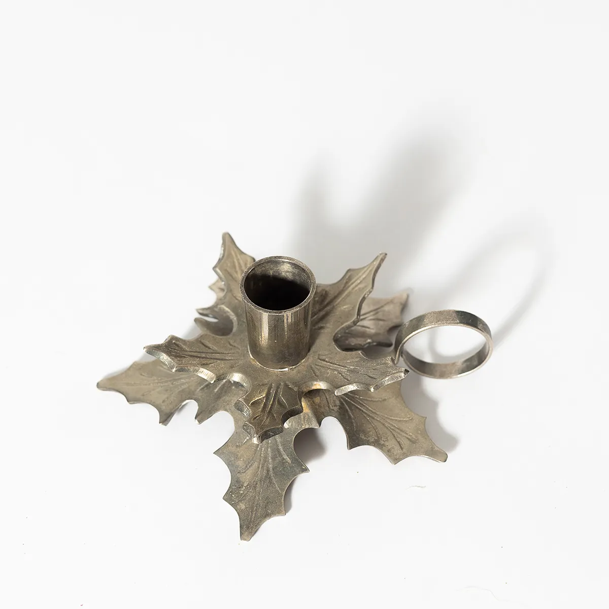 Silver Holly Shaped Candle Holder - 5.5" x 2.25"