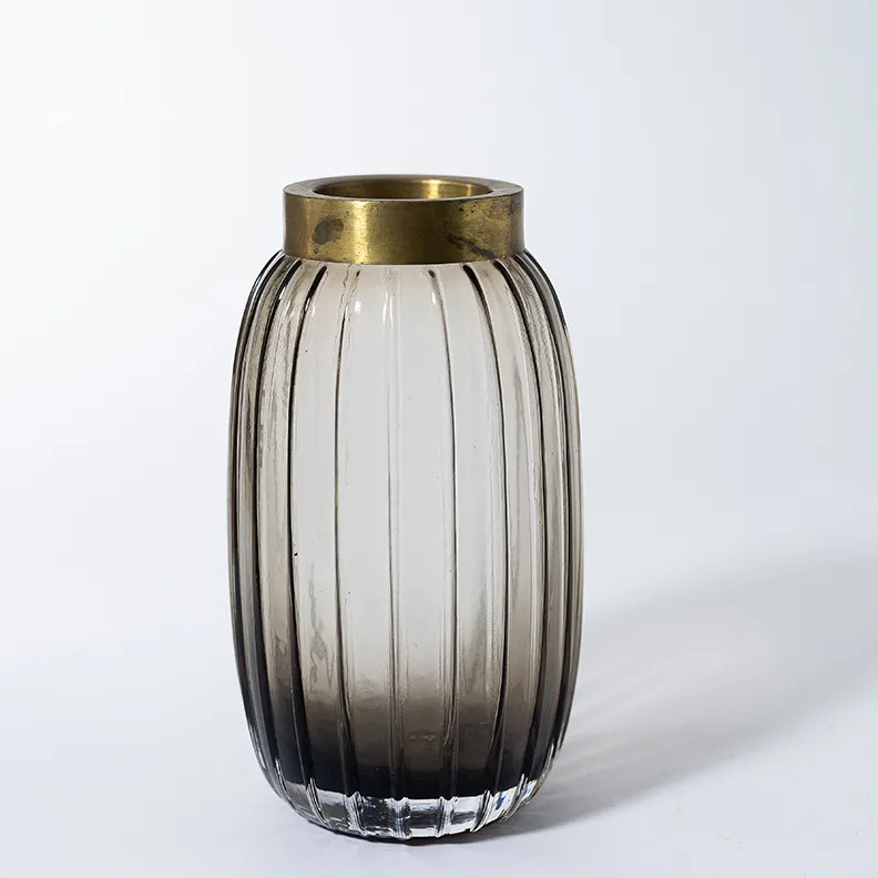 Tall Clear Ribbed Gray Flower Vase with Brass Rim - 8.75" x 5"