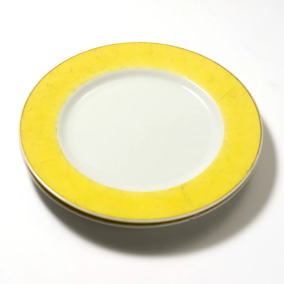 Small White Salad Plate with yellow rim, gold edge pair set - 7.5"
