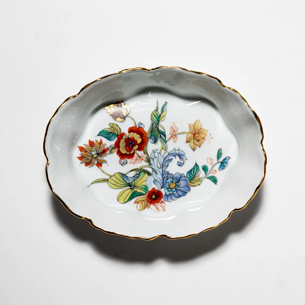 PORCELAIN CATHAY Oval FOOTED DISH White with Flowers on the bottom and gold trim