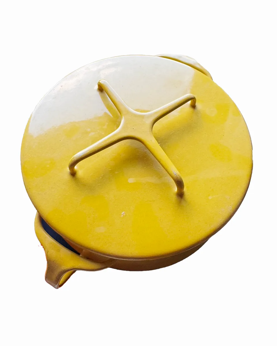 Small Yellow Enamel Dutch Oven Pot with lid with funky square handle